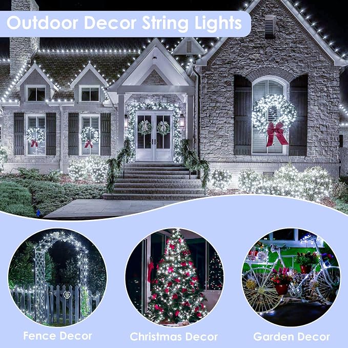33FT 100 LED Fairy Lights Plug in, 8 Modes Twinkle Lights Cool White | Waterproof String Lights Outdoor Indoor, Memory, Timer, Copper Wire, Christmas Lights for Bedroom Garden Party Holiday Decor