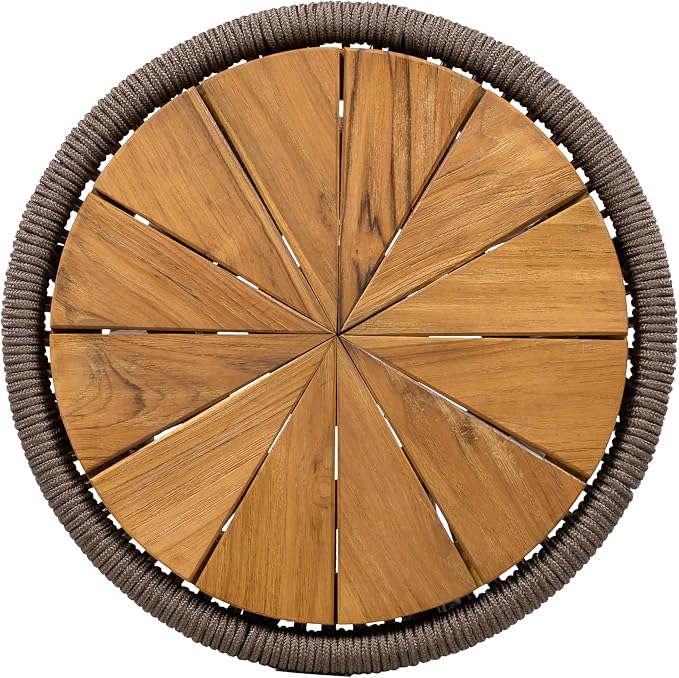 Merax Bohemian Round Outdoor Side Table with Acacia Wood Top and Dark Grey Handwoven Rope Base, Elegant Hourglass Design Patio Coffee Table for Garden, Pool, Balcony, Yard, 25.8" Height, No Assembly