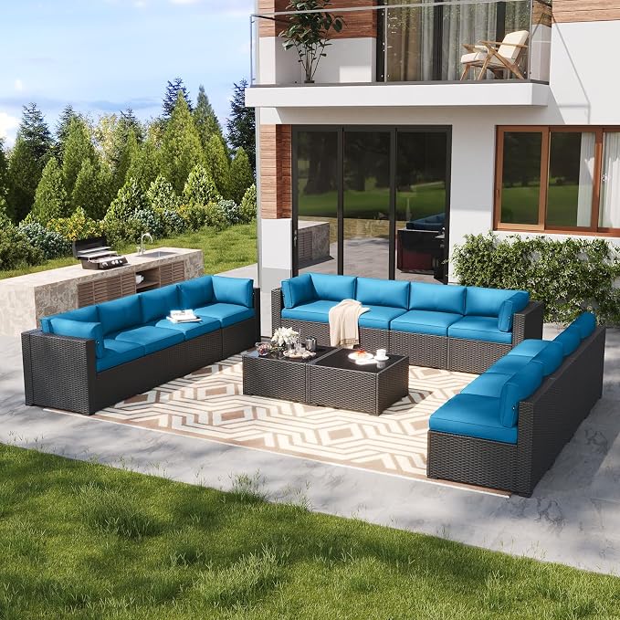 LazySunsets 14 Piece Outdoor Patio Furniture Set with Coffee Table, Outdoor Patio Furniture Set with 4'' Thicken Cushion, Wicker Rattan Outdoor Conversation Set for Backyard & Garden, Peacock Blue