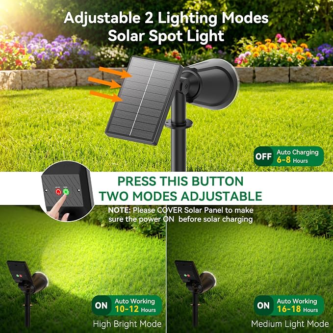 Solar Lights Outdoor Spot Light Waterproof: 1000LM Adjustable Cool White Spotlights - 2-in-1 15Hrs+ Bright Wall Spot Light - Solar Powered Landscape Spotlight for Garden, Yard, Tree, Flag