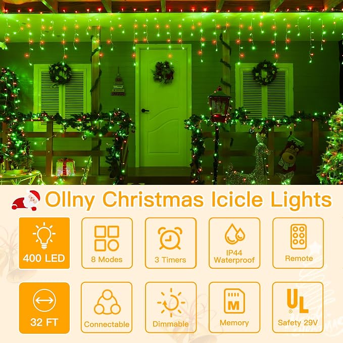 Ollny Icicle Lights for Outside 400LED 32FT, Red and Green Christmas Light with Remote 8Modes Timers Waterproof, Plug in Connectable Hanging Lights for Outdoor Indoor House Roof Holiday