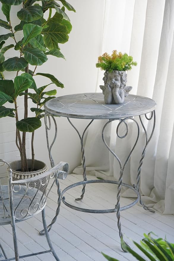 Heart Iron Side Table, Distressed Silver 26x26x30 in | Distressed silver iron, heart swirl design, twisted legs, round lower ring shelf, 2-tier, assembly required