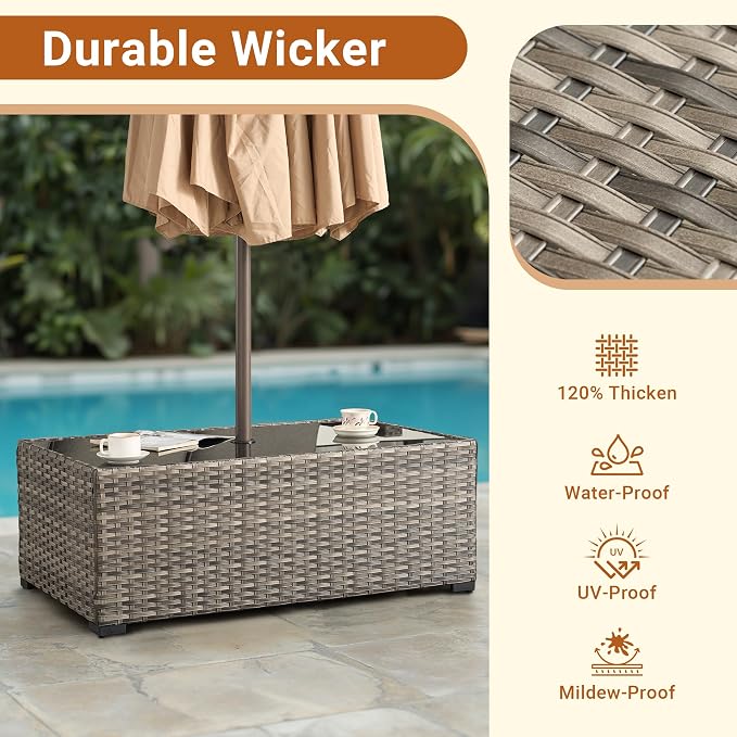 HOOOWOOO Outdoor Patio Side Table with Umbrella Hole,Wicker Coffee End Table Glass Top,Umbrella Table with 1.64" and 2" Hole for Yard,Deck,Porch,Garden(Rectangle Brown)