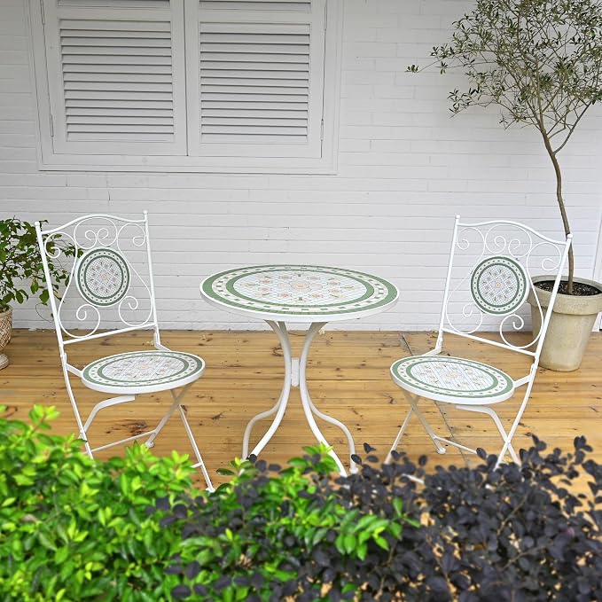 Round Outdoor Side Table Patio Bistro Ceramic Mosaic Patterned Design Tile Top Round Table Outdoor Garden 24 Inch Metal Furniture Dining Table for Yard Balcony Porch Poolside Terrace (Pink Flower)