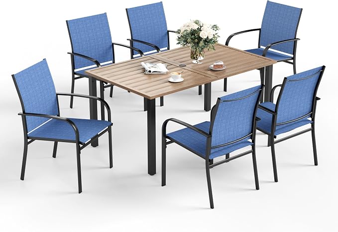 SUNSHINE VALLEY Patio Dining Set for 6, Rectangular Wood-Like Metal Table with Umbrella Hole and 6 Dining Chairs, Outdoor Table and Chairs for Lawn Garden Backyard and Deck,Blue