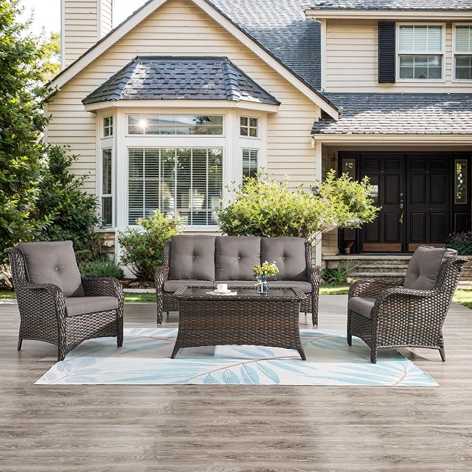 Belord Patio Wicker Furniture 4 Pieces Outdoor Furniture Set Patio Sofa Set with Wicker Chairs and Coffee Table, Paito Conversation Set for Porch Garden Deck Balcony Poolside