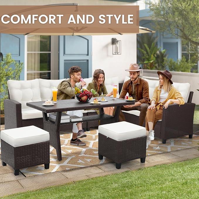 KROFEM 6 Piece Patio Furniture Set, Dining and Conversation Set, Beige | UV Treated Wicker, Machine Washable Cushions, Seats 7, 2 Ottomans, 3 Sofa Section, Dining Table, Rustproof Frame