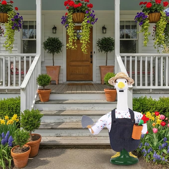 23" Gardener Porch Goose Outfit for Front Yard Lawn Seasonal Decor | Funny Summe Cement Geese Clothes for Duck Plastic Statue