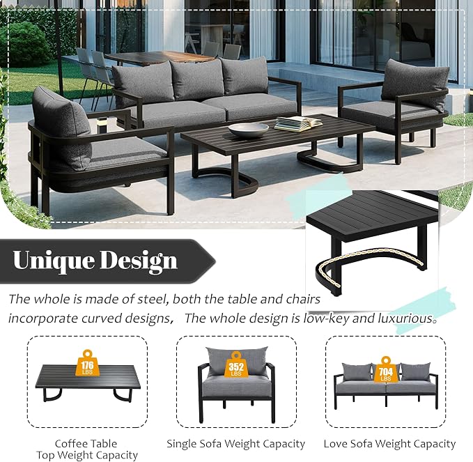 4-Piece Outdoor Steel Sofa Set, All Weather Patio Conversation Set with 1 Love Sofa, 2 Single Sofa and Coffee Table, Waterproof Cushions, Suitable for Backyard Poolside Gardens (Light Grey-Z)