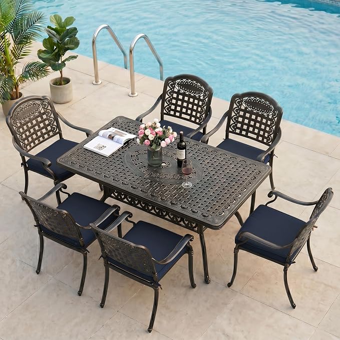 VIVIJASON 7-Piece Patio Furniture Dining Set, All-Weather Cast Aluminum Outdoor Conversation Set, Include 6 Cushioned Chairs and a Rectangle Table with Umbrella Hole, Navy Blue Cushion