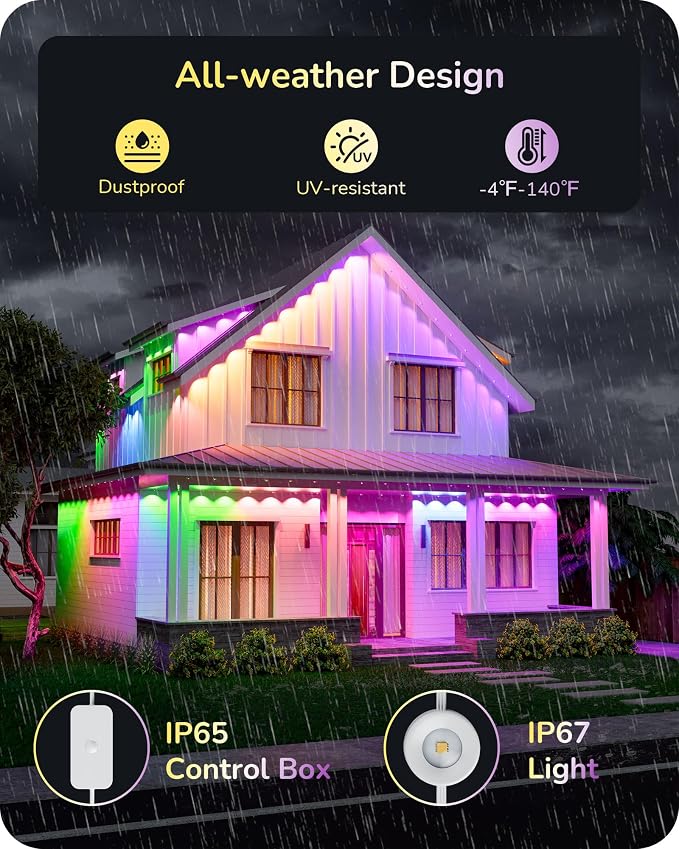 EDISHINE 120FT IP67 Waterproof Smart Outdoor Permanent Lights, RGBIC | App/Voice/Remote Control, 50 Scene Modes, LED Eave Lights, 120° Beam Angle for Daily and Festive Celebrations