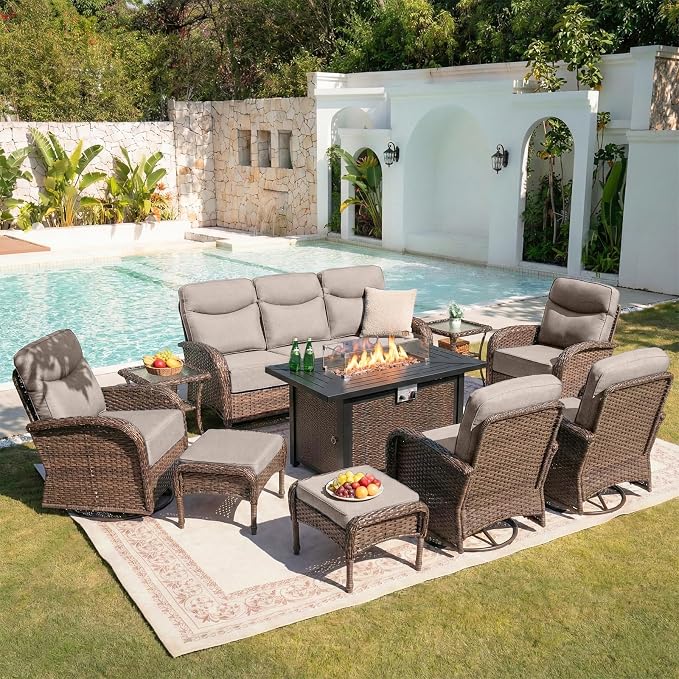 Belord Upgraded 6“ Cushion Luxury 10 Piece Patio Furniture Set with Fire Pit Table - Outdoor Couch & High Back Swivel Rocker Patio Chairs Set, Wicker Outdoor Furniture for Deck Porch Yard Brown/Beige