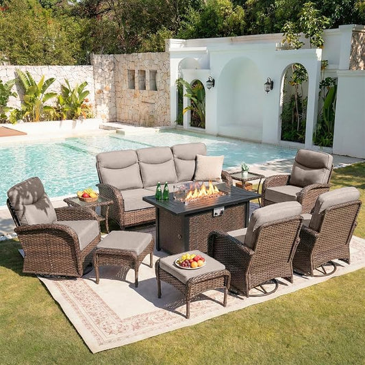 Belord Upgraded 6“ Cushion Luxury 10 Piece Patio Furniture Set with Fire Pit Table - Outdoor Couch & High Back Swivel Rocker Patio Chairs Set, Wicker Outdoor Furniture for Deck Porch Yard Brown/Beige