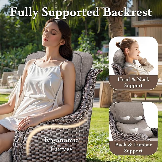 Luxury High Back Outdoor Furniture with 6-inch Extra Thick Cushions, Patio Furniture Set with Swivel Chairs, 4 PCS Wicker Patio Set for Yard, Deck, Poolside, Brown/Grey