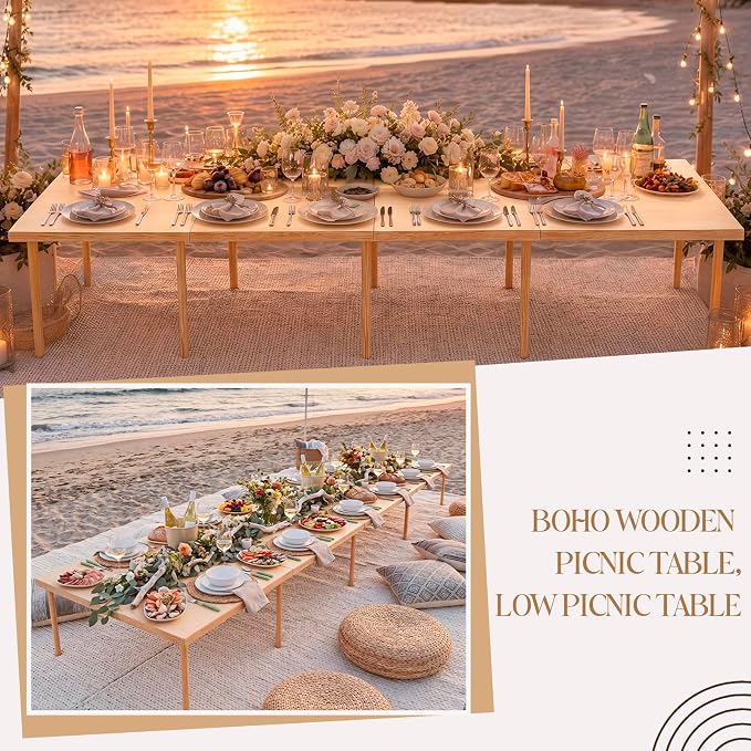 Leinuosen 120"x30" Boho Wooden Picnic Table, Portable Folding Outdoor Picnic Table with Adjustable Legs Height 13'' & 16'' for Floor Seating, Beach, Camping, BBQ, Backyard, Seating for 8-12 People