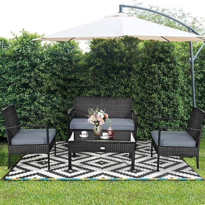 HAPPYGRILL 8 Pieces Patio Conversation Set Outdoor Rattan Wicker Sofa & Coffee Table Furniture Set for Patio Garden Poolside