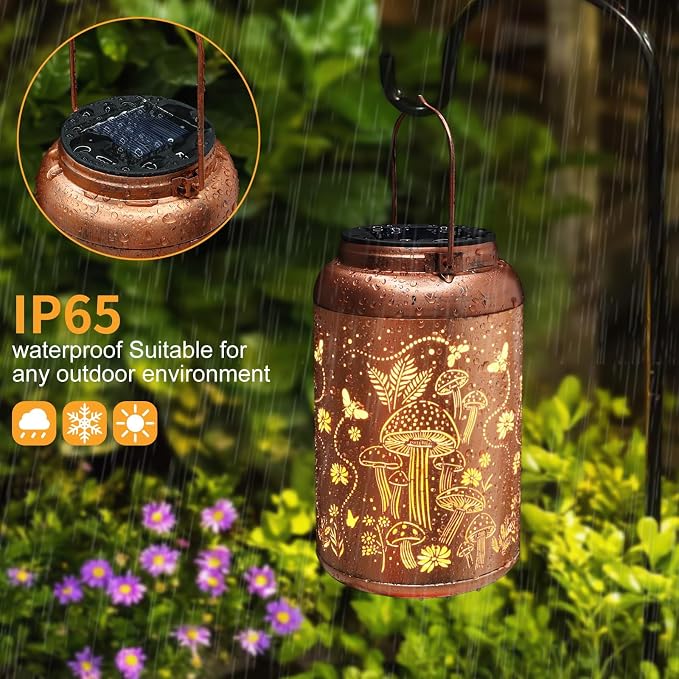2 Pack Solar Lanterns Outdoor Waterproof Mushroom Garden Decor | Gifts for Women Mom Grandma Hanging Solar Lights Metal Solar Decoration Outside LED Lanterns for Yard, Patio, Lawn