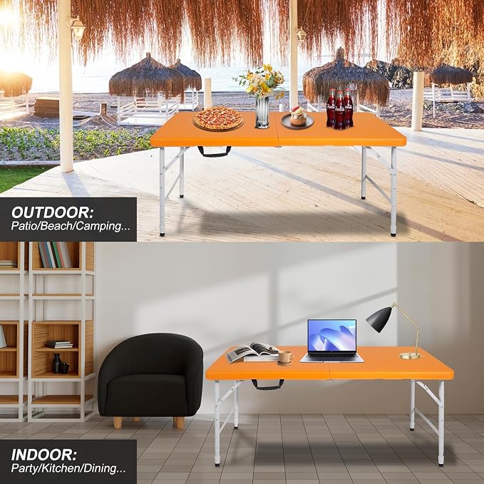 Portable Plastic Folding Table 4ft/6ft/8ft Heavy Duty White-Orange Picnic Dining Table Fold-in-Half for Camp Party Kitchen Indoor Outdoor