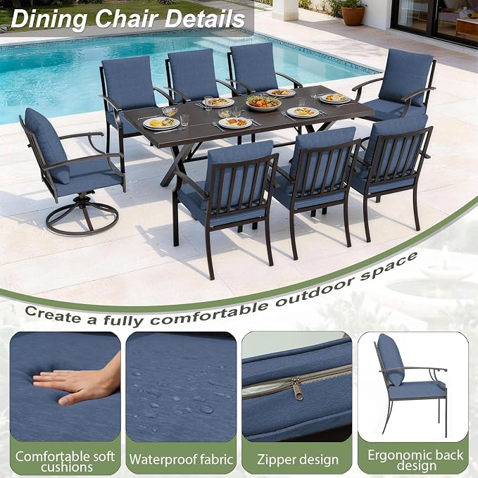 10 Pieces Patio Dining Set with Brown Umbrella,Outdoor Furniture Set Includes Hole Cut-Out Table and 6 Metal Backrest Chairs and 2 Swivel Chairs for Backyard,Garden,Poolside,Navy