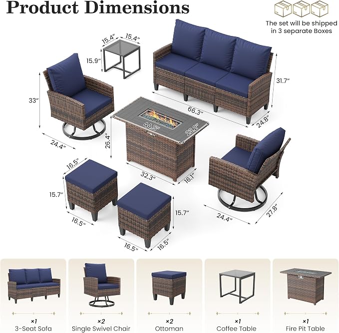 Amopatio Patio Furniture Set with Fire Pit Table,7 Pieces Conversation Set with 360°Swivel Chairs, All Weather Wicker Outdoor Furniture for Backyard Garden Pool Deck,Blue