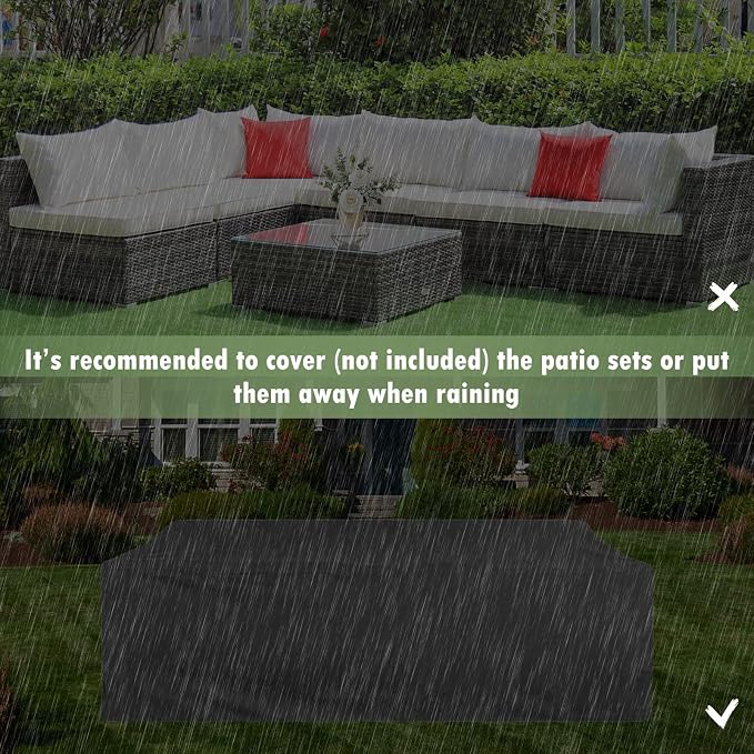 DORTALA 7 Pieces PE Rattan Patio Furniture Set, All-Weather Wicker Conversation Set W/Soft Cushions & Pillows, Coffee Table, Outdoor Sectional Sofa Set for Balcony, Poolside, Backyard, White
