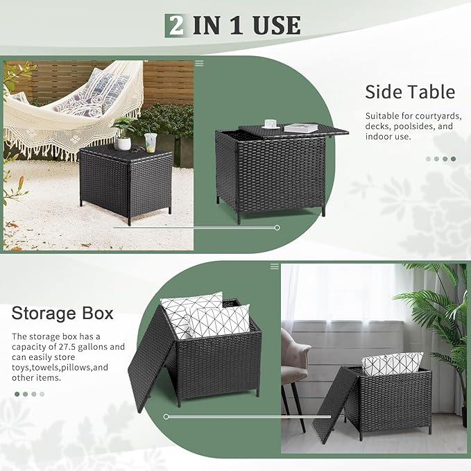 VINGLI Outdoor Side Table with Storage, 27-Gallon Patio Deck Box Outdoor Wicker Side Table for Poolside Balcony Storage Table (Black, Square)