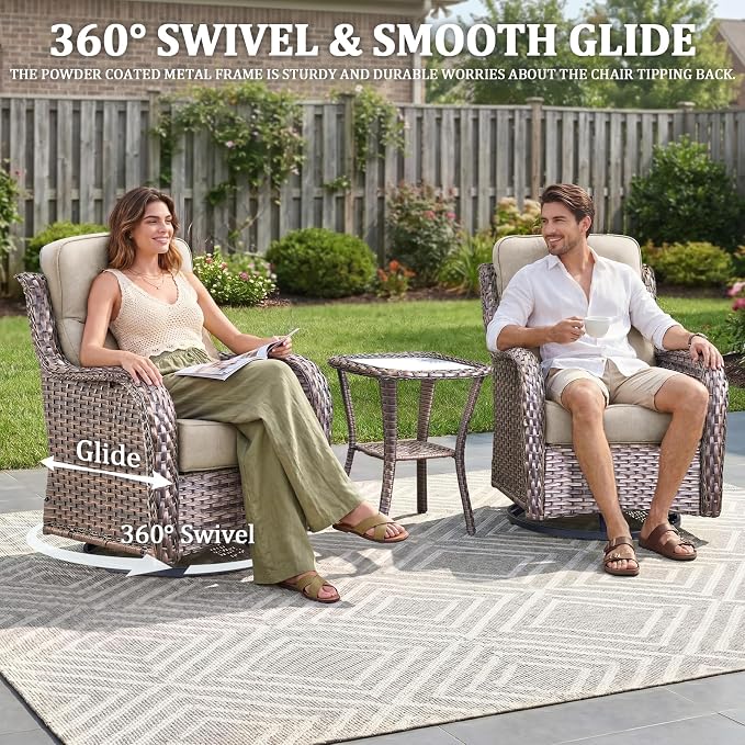 Luxury Swivel Rocker Chair Sofa Set with 6" Thick Cushions,12-Piece Wicker Patio Furniture Set with Ottoman,Outdoor Comfortable High Back Chair Patio Furniture Set - Brown | Beige