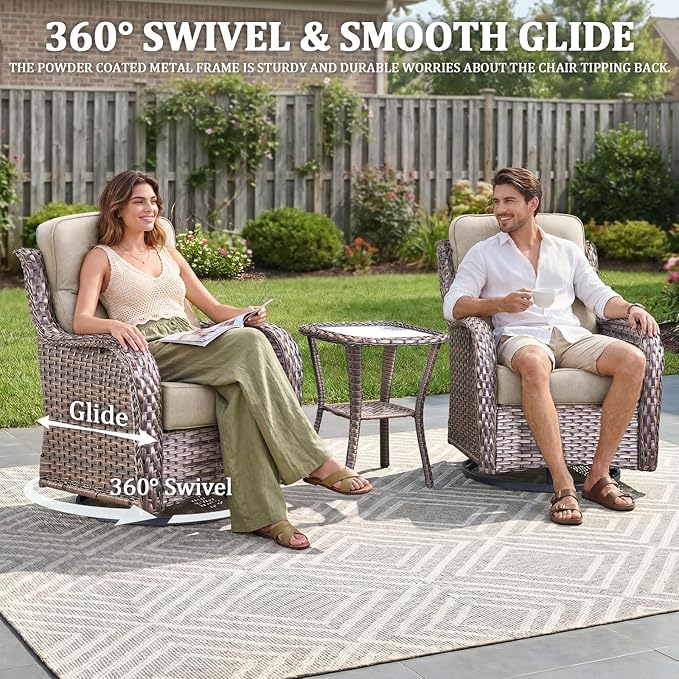 Luxury Swivel Rocker Chairs Fire Pit Set with 6" Thick Cushion 10 piece Wicker Outdoor Patio Chair with Sofa and Ottoman,Comfortable High Back Outdoor Patio Furniture Set - Brown | Beige