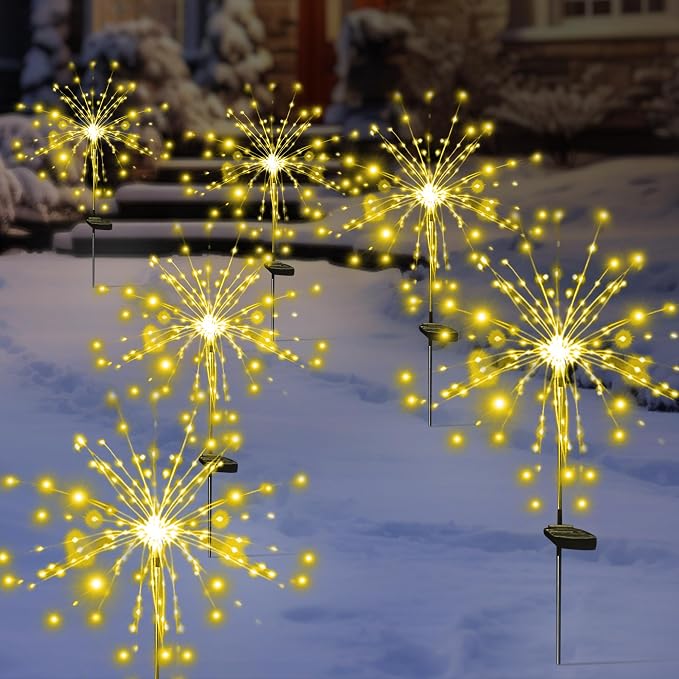 Christmas Solar Garden Firework Lights Outdoor Waterproof 6 Pack Solar Powered Art Stake Twinkle Lighting for Outside Decor, 120 LED Warm White