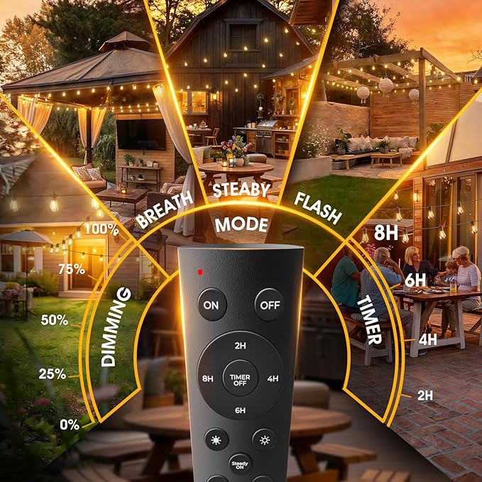addlon 25FT LED Outdoor String Lights, Waterproof Dimmable Bulbs for Patio | UL Listed, Remote Control. Shatterproof Edison Bulbs, Timer, Linkable, 2700K Warm White. For Backyard, Pergola, Deck, Garden.