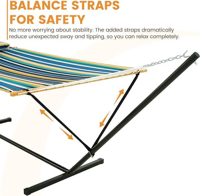 Lazy Daze Hammocks 2 Person Portable Hammock with 12FT Stand for Outside, 10.5FT Quilted Double Hammock with Spreader Bar and Detachable Pillow, 450lbs Capacity for Outdoor Patio, Beach Stripes