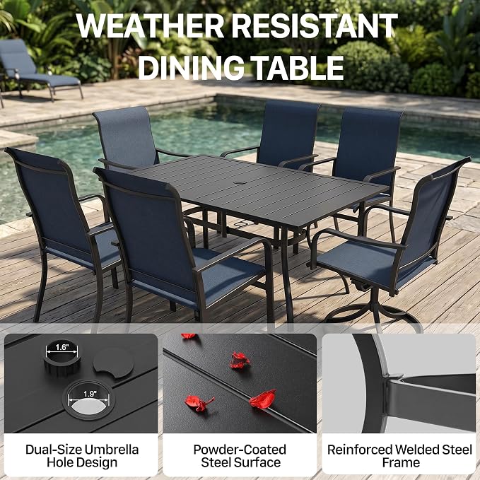 Anmutig 7 Pieces Outdoor Patio Dining Set, 63" Large Rectangle Table with Textilene Swivel Chairs & Fixed Chairs, Outdoor Furniture Set for Backyard, Deck, Porch