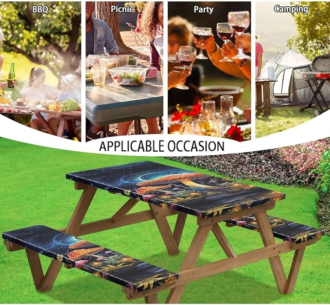 Mushroom Picnic Table Cover with Bench Covers Foldable Camping Table Covers for 6 Foot Tables 3 Pcs Picnic Table Bench Covers Camping Essentials for Camper, 94x30 Inches