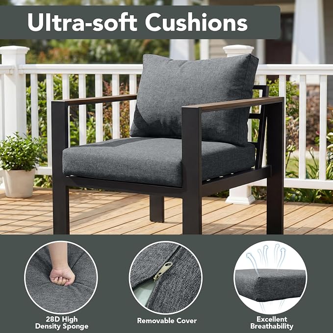 Outdoor Patio Furniture Set 4 Seats Luxury Aluminum Patio Conversation Set with Coffee Table, Washable Thick Cushions, Large Sectional Sofa for Porch, Balcony, Deck, Yard, Gray