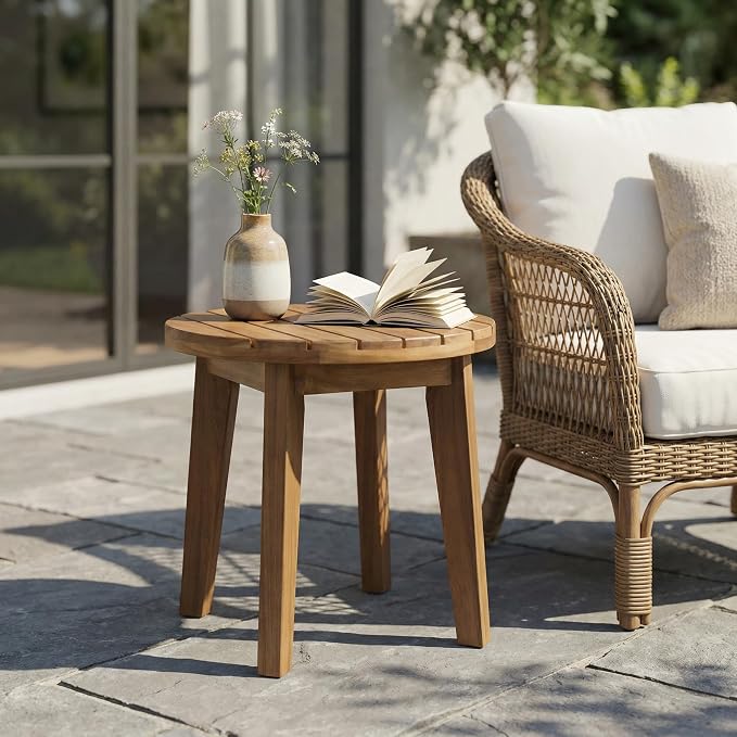 Acacia Wood Outdoor Side Table, Teak Finish