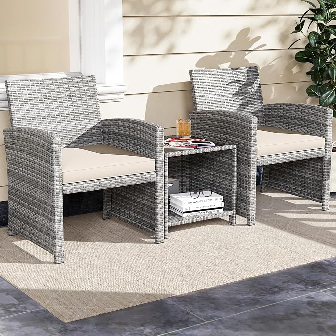 Tangkula 3 Pieces Patio Furniture Set, PE Rattan Outdoor Chairs with Tempered Glass Coffee Table & Soft Seat Cushions, Patio Bistro Set, Outdoor Conversation Set for Porch, Backyard Poolside (White)