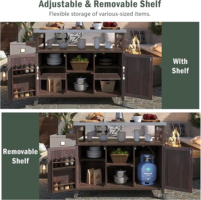 Outdoor Grill Table Bar Cart with Stainless Steel Top, Farmhouse Solid Wood Outdoor Kitchen Island with Spice Rack and Towel Rack, Rolling Island Cart for Kitchen, BBQ, Garden, Patio, Dark Brown