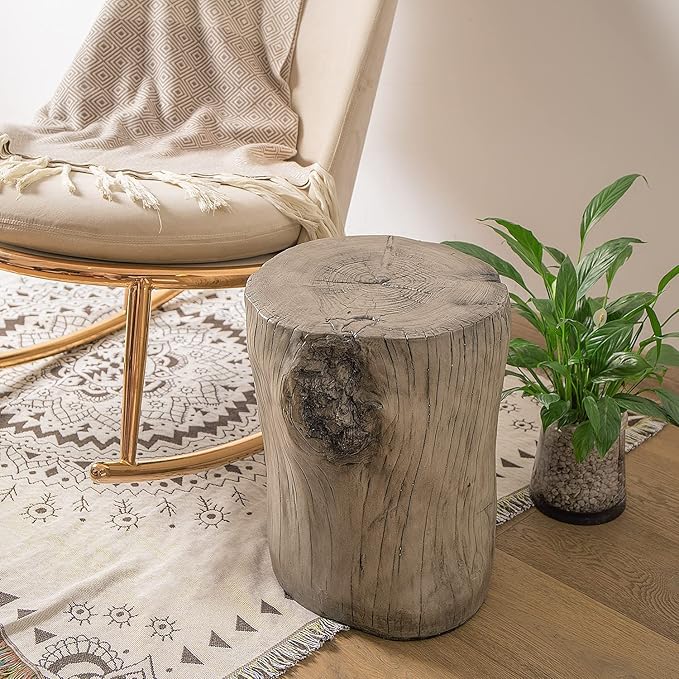 COSIEST 2 Pieses Outdoor Side Table, Hand-Painted Wood Stump Side Table Set of 2, Faux Wood Stool, Ottomans, Plant Stand, Deck or Garden (Grey)