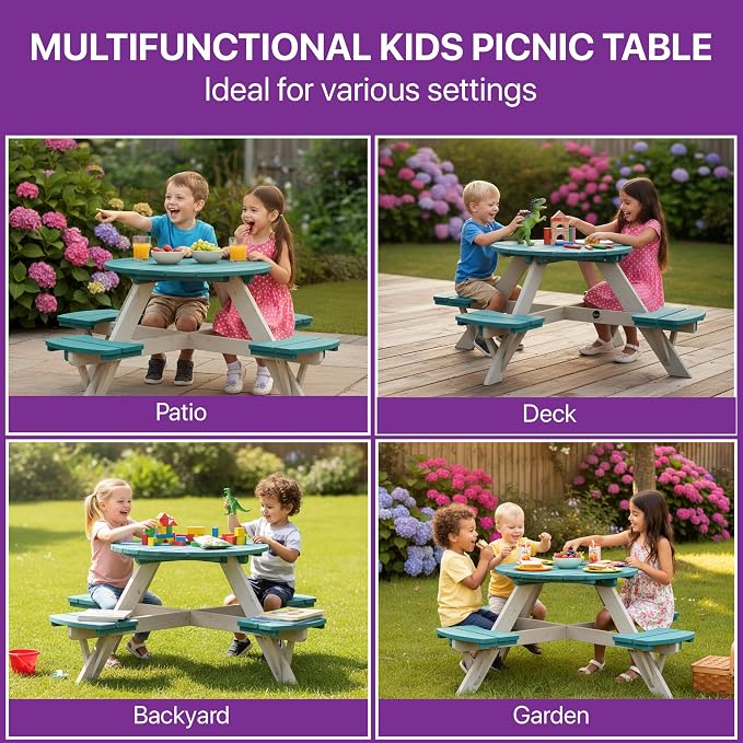 Plum® Kids Picnic Table - Wooden Toddler Table and Chairs Set, Outdoor Furniture for Patio, Garden, Backyard Dining & Activity, 4 Built-in Benches, Sturdy, Durable, Weatherproof, Ages 3+, Teal