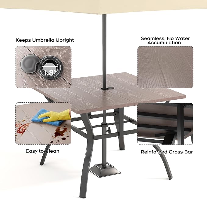 Patio Outdoor Dining Table, Wood-Grain Patio Square Table with Umbrella Hole, All-Weather Metal Dining Table for Party, Lawn & Garden (37.8“ x 37.8”)