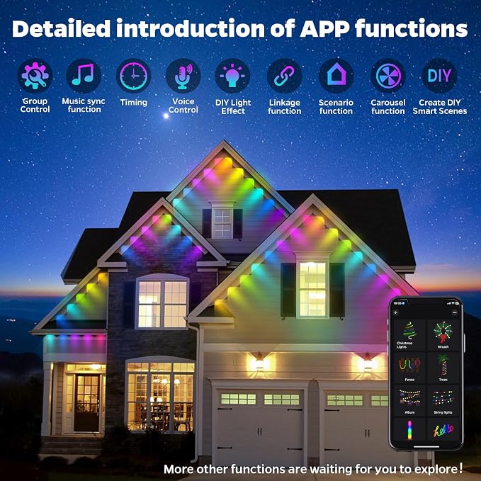 Permanent Outdoor Lights, 100FT Smart Rainbow RGB with 72 LEDs, App Control Remote with DIY Modes, IP67 Waterproof Eaves Lighting for Holiday, Garden Decor, Christmas, Party,Halloween,Roof,