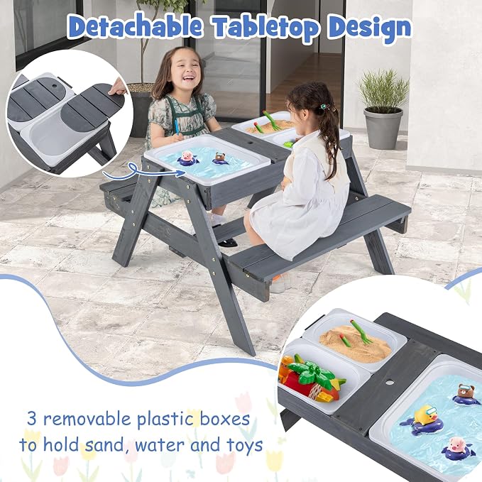 KOTEK Kids Picnic Table, 4 in 1 Sand and Water Table w/Detachable Tabletop, 3 Removable Play Boxes, Foldable & Height Adjustable Umbrella, Wood Sensory Table and Bench for Outdoors, Indoors (Grey)