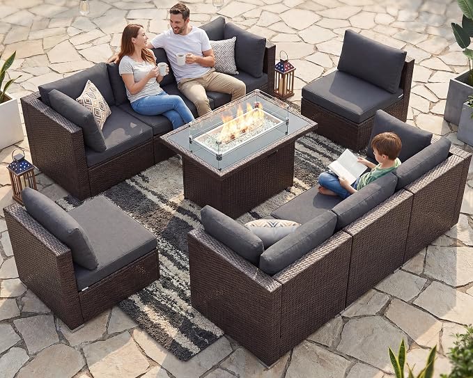 NICESOUL 9pcs Patio Furniture Set with Fire Pit Propane/Gas, 29.3'' High Back Modern Comfy Outdoor Conversation Set, Extra Wide Modular Sofa for Heavyweight, Brown Rattan and Dark Gray Cushion
