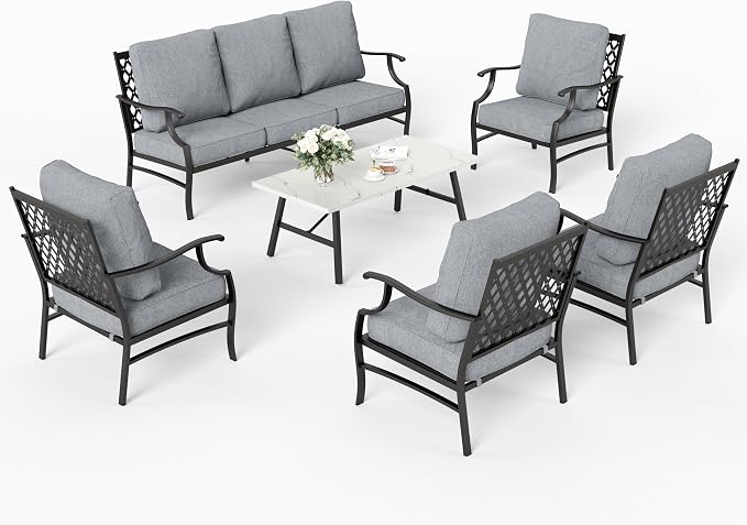SUNSHINE VALLEY 6 Piece Metal Outdoor Patio Furniture Set, Patio Conversation Sets 1 3-Seater Sofa, 4 Fixed Chairs with 5.75" Thick Cushion and Coffee Table, Backyard Furniture Set for Deck, Gray