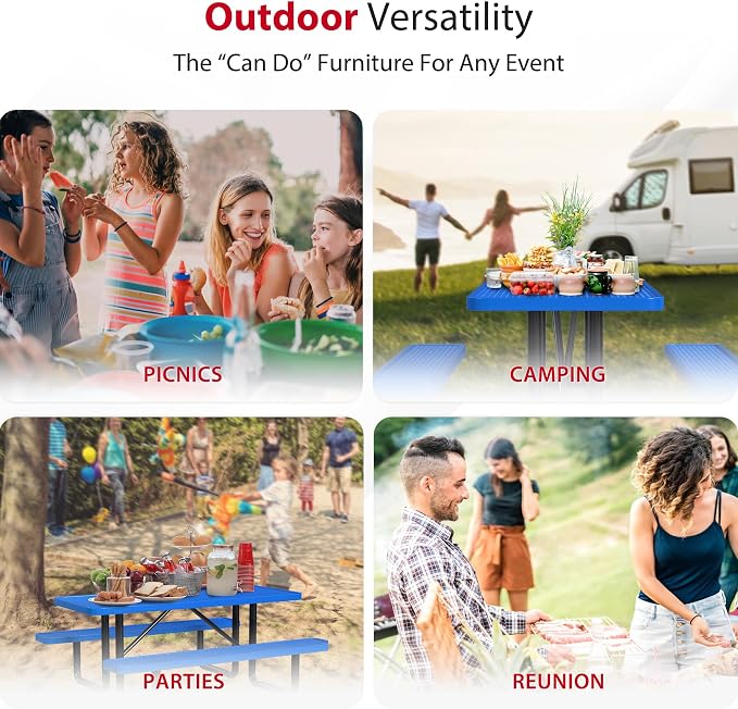 Leisure Craft Metal Picnic Table with Bench - 6 ft Rectangle Outdoor Dining Table for 6, Umbrella Hole, Weatherproof Heavy Duty Thermoplastic Coating, Commercial Grade Furniture Made in USA - Blue