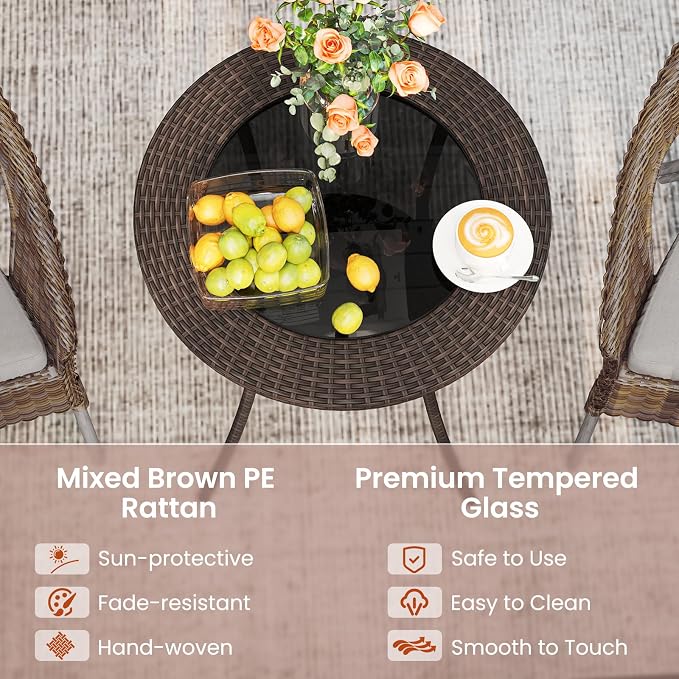 Tangkula 25 inch Patio Wicker Coffee Table Outdoor Backyard Lawn Balcony Pool Round Tempered Glass Top Rattan Steel Frame Side Table Furniture W/Storage Shelf, Brown