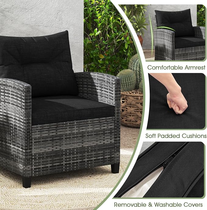 ORALNER Patio Furniture, 3 Pieces Outdoor Wicker Conversation Set Chairs with Soft Cushions and Glass Coffee Table, Rattan Bistro Set for Balcony Garden Deck Front Porch Poolside (Black)