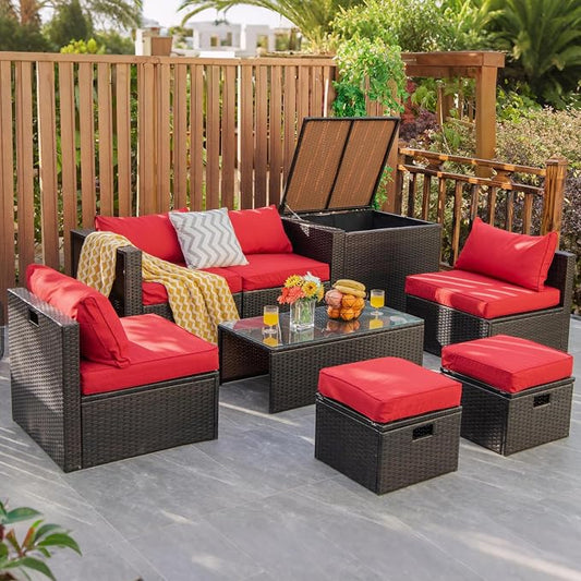 COSTWAY 8-Piece Outdoor Patio Furniture Set, Rattan Sectional Sofa, Armless Chairs, Side Table with Storage Ottoman & Glass Coffee Table, Space-Saving Conversation Set for Garden Deck (Red)