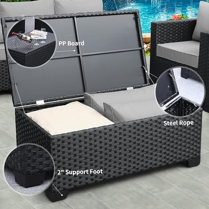 5-Piece Outdoor Wicker Patio Furniture Set with Sectional Sofa Couch, Storage Table, Royal Blue Anti-Slip Cushions, Waterproof Covers for Garden, Porch, Backyard Lounge(Blue)