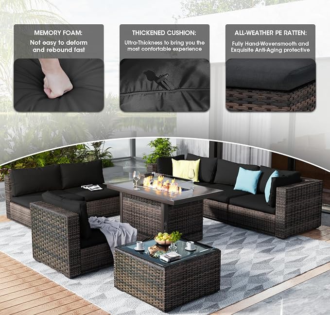 7 Pieces Outdoor Patio Furniture Set Wicker Sectional Sofa with Cushions & Tea Table Patio Rattan Conversation Chair Sofa Set Black